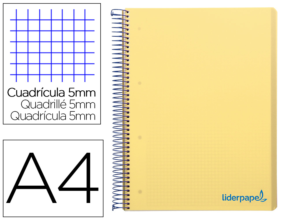 CAHIER SPIRALE LIDERPAPEL A4 MICRO WONDER 240 PAGES 90G    5X5MM 4 TROUS 5 BANDES        COULEURS JAUNE