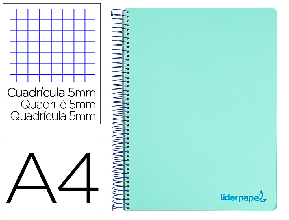 CAHIER SPIRALE LIDERPAPEL A4 MICRO WONDER 240 PAGES 90G    5X5MM 4 TROUS 5 BANDES        COULEURS VERT
