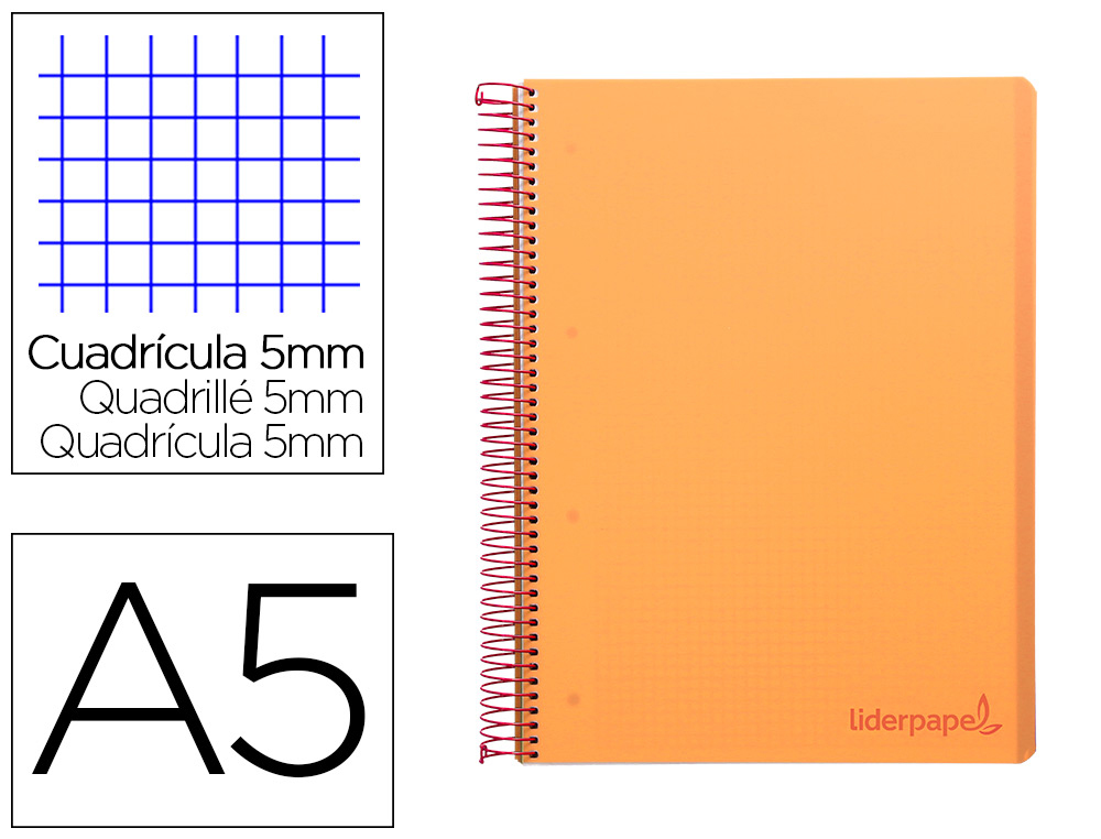 CAHIER SPIRALE LIDERPAPEL A5 MICRO WONDER 240 PAGES 90G    5X5MM 6 TROUS 5 BANDES        COULEURS ORANGE