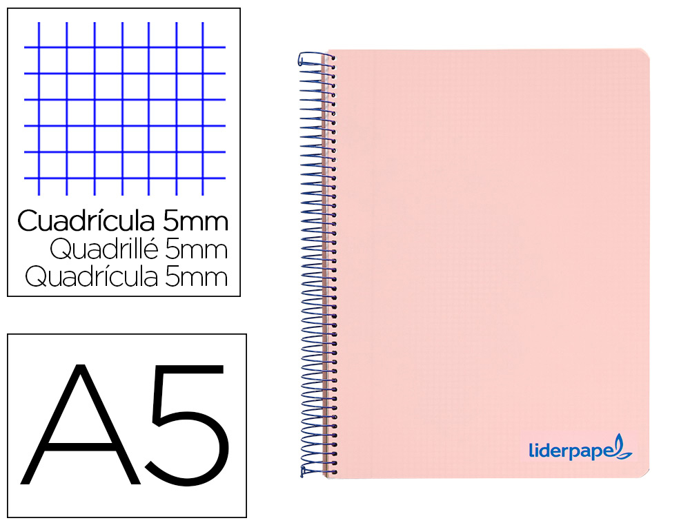 CAHIER SPIRALE LIDERPAPEL A5 MICRO WONDER 240 PAGES 90G    5X5MM 6 TROUS 5 BANDES        COULEURS ROSE
