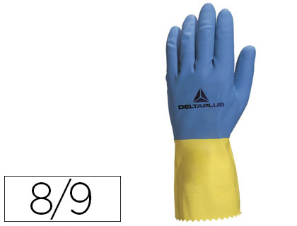 GANT MNAGE DELTAPLUS LATEX FLOQU LONGUEUR 30CM PAISSEUR 0.60MM COLORIS BLEU/JAUNE TAILLE 8/9 PAIRE