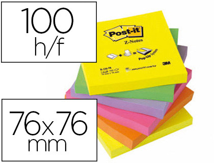 BLOC-NOTES POST-IT RECHARGES Z-NOTES 76X76MM 100F REPOSITIONNABLES COLORIS NÉON ASSORTIS 6 BLOCS