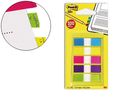 POST-IT 3 blocs 20 marque-pages standards dans un étui transparent 254cm  Coloris: Violet Bleu Vert