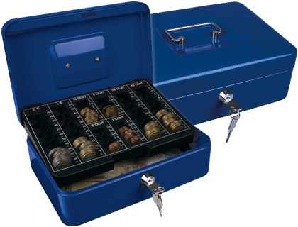 CAISSE MONNAIE Q-CONNECT STRUCTURE ACIER 0.8MM ÉPAISSEUR PLATEAU AMOVIBLE ESPACE BILLETS 250X180X90MM COLORIS BLEU