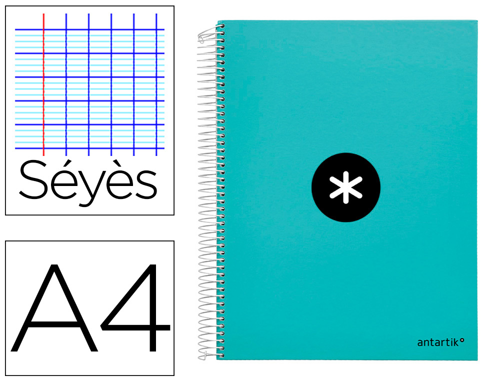 CAHIER SPIRALE ANTARTIK A4 100G COUVERTURE REMBORDEE     SEYES SANS BANDES 4 TROUS 120FCOLORIS MENTHE