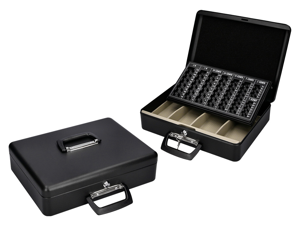 CAISSE MONNAIE Q-CONNECT STRUCTURE ACIER 0.8MM ÉPAISSEUR PLATEAU AMOVIBLE ESPACE BILLETS 370X110X290MM COLORIS NOIR