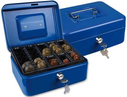 CAISSE MONNAIE Q-CONNECT STRUCTURE ACIER 0.8MM ÉPAISSEUR PLATEAU AMOVIBLE ESPACE BILLETS 200X160X90MM COLORIS BLEU