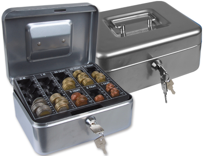 CAISSE MONNAIE Q-CONNECT STRUCTURE ACIER 0.8MM ÉPAISSEUR PLATEAU AMOVIBLE ESPACE BILLETS 200X160X90MM COLORIS ARGENT