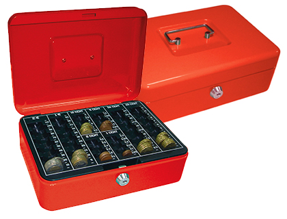 CAISSE MONNAIE Q-CONNECT STRUCTURE ACIER 0.8MM ÉPAISSEUR PLATEAU AMOVIBLE ESPACE BILLETS 250X180X90MM COLORIS ROUGE