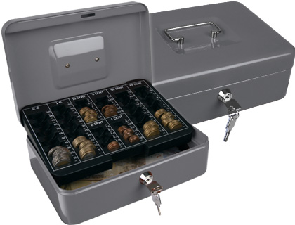 CAISSE MONNAIE Q-CONNECT STRUCTURE ACIER 0.8MM ÉPAISSEUR PLATEAU AMOVIBLE ESPACE BILLETS 250X180X90MM COLORIS ARGENT