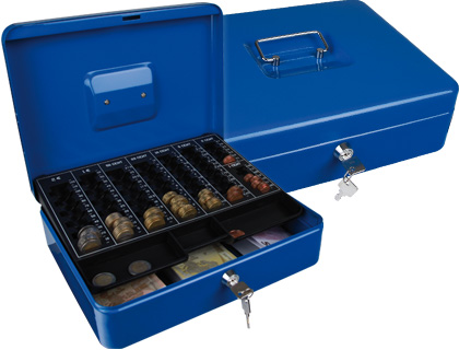 CAISSE MONNAIE Q-CONNECT STRUCTURE ACIER 0.8MM ÉPAISSEUR PLATEAU AMOVIBLE ESPACE BILLETS 300X240X90MM COLORIS BLEU