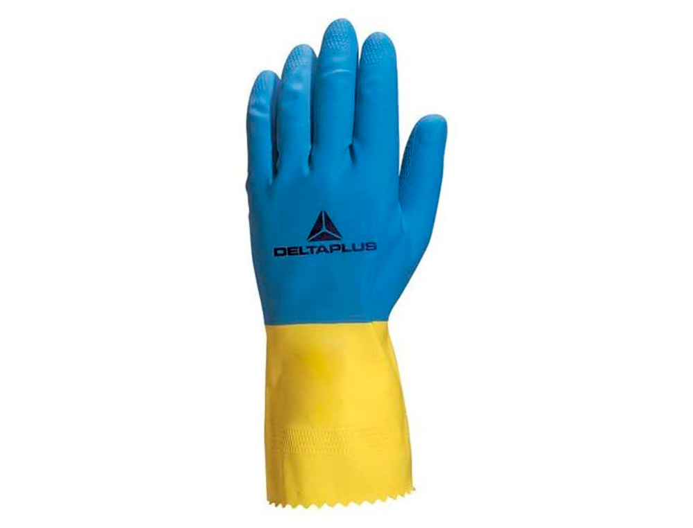 GANT MÉNAGE DELTAPLUS LATEX FLOQUÉ LONGUEUR 30CM ÉPAISSEUR 0.60MM COLORIS BLEU/JAUNE TAILLE 8/9 PAIRE