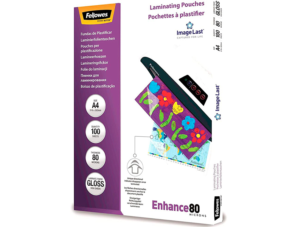 POCHETTE PLASTIFICATION FELLOWES  CHAUD POLYESTER TRANSPARENT RSISTANT EAU FORMAT A4 80 MICRONS BOTE 100 UNITS