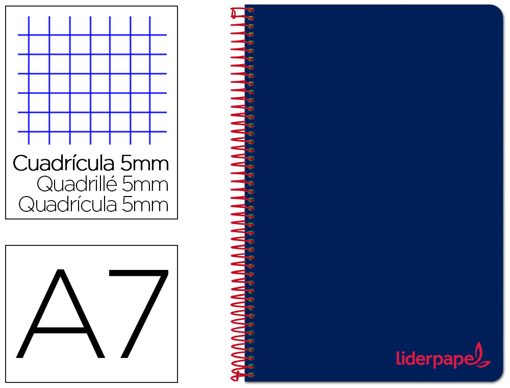 CAHIER SPIRALE LIDERPAPEL A7 MICRO WONDER 200 PAGES 90G    5X5MM 4 BANDES COULEURS BLEU  MARINE