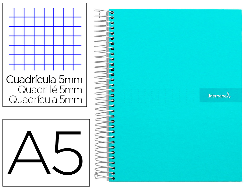 CAHIER SPIRALE LIDERPAPEL CRAFTY COUVERTURE CONTRECOLLE A5 240P 90G/M2 5X5MM MICROPERFOR 6 TROUS COLORIS TURQUOISE
