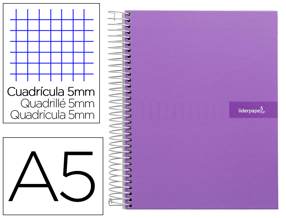 CAHIER SPIRALE LIDERPAPEL CRAFTY COUVERTURE CONTRECOLLE A5 240P 90G/M2 5X5MM MICROPERFOR 6 TROUS COLORIS VIOLET