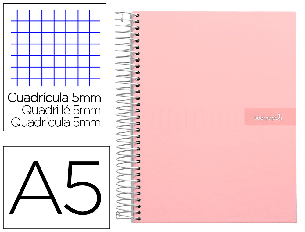 CAHIER SPIRALE LIDERPAPEL CRAFTY COUVERTURE CONTRECOLLE A5 240P 90G/M2 5X5MM MICROPERFOR 6 TROUS COLORIS ROSE