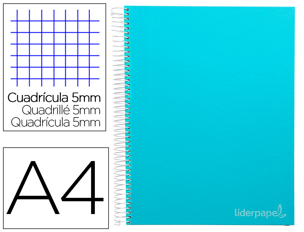 CAHIER SPIRALE LIDERPAPEL JOLLY COUVERTURE CONTRECOLLE A4 280P 75G/M2 5X5MM MICROPERFOR 4 TROUS COLORIS BLEU CIEL