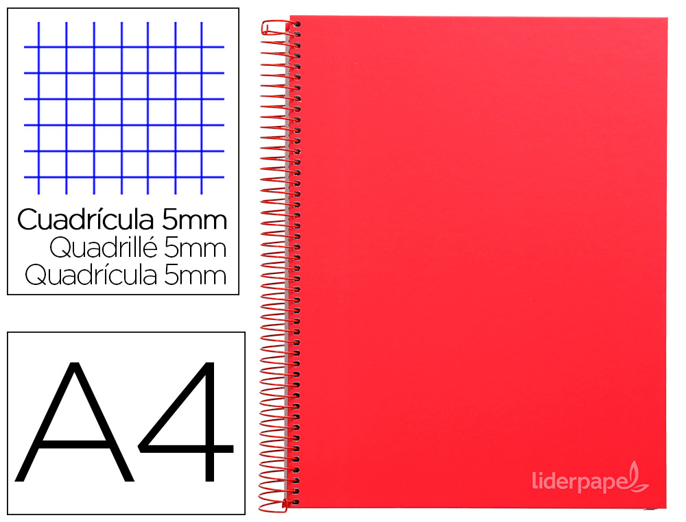 CAHIER SPIRALE LIDERPAPEL JOLLY COUVERTURE CONTRECOLLE A4 280P 75G/M2 5X5MM MICROPERFOR 4 TROUS COLORIS ROUGE