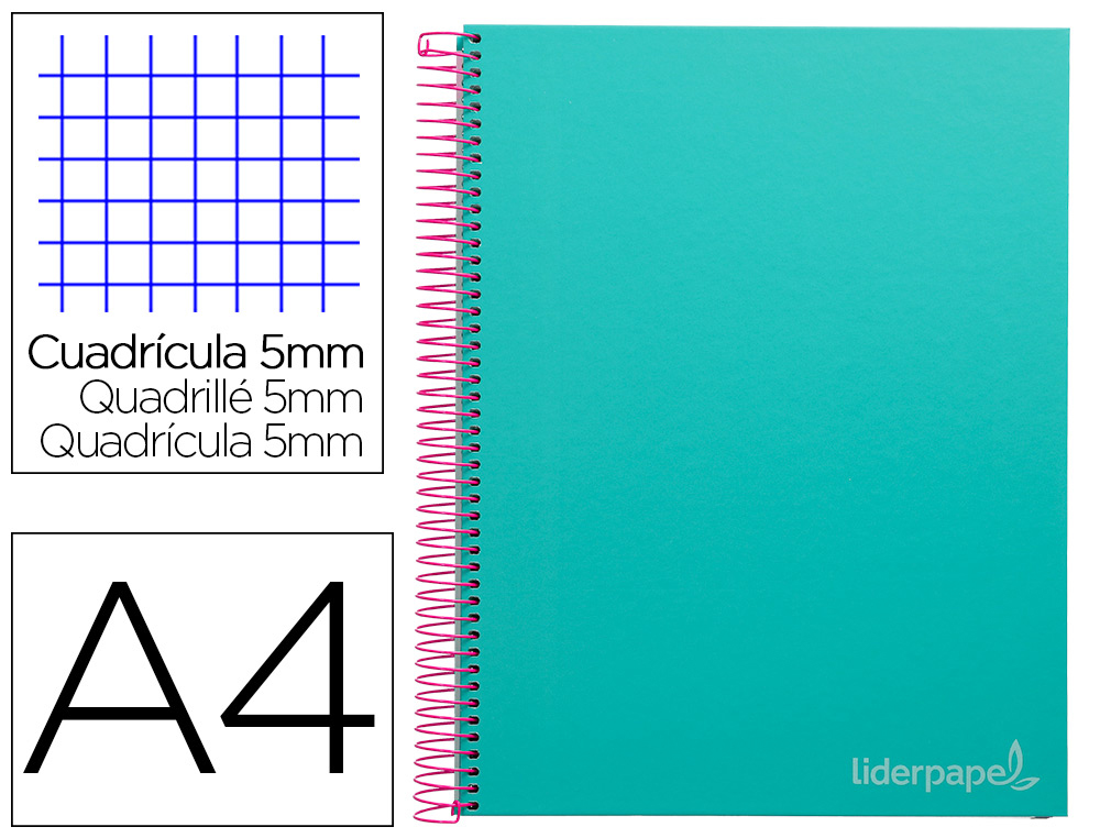 CAHIER SPIRALE LIDERPAPEL JOLLY COUVERTURE CONTRECOLLE A4 280P 75G/M2 5X5MM MICROPERFOR 4 TROUS COLORIS TURQUOISE