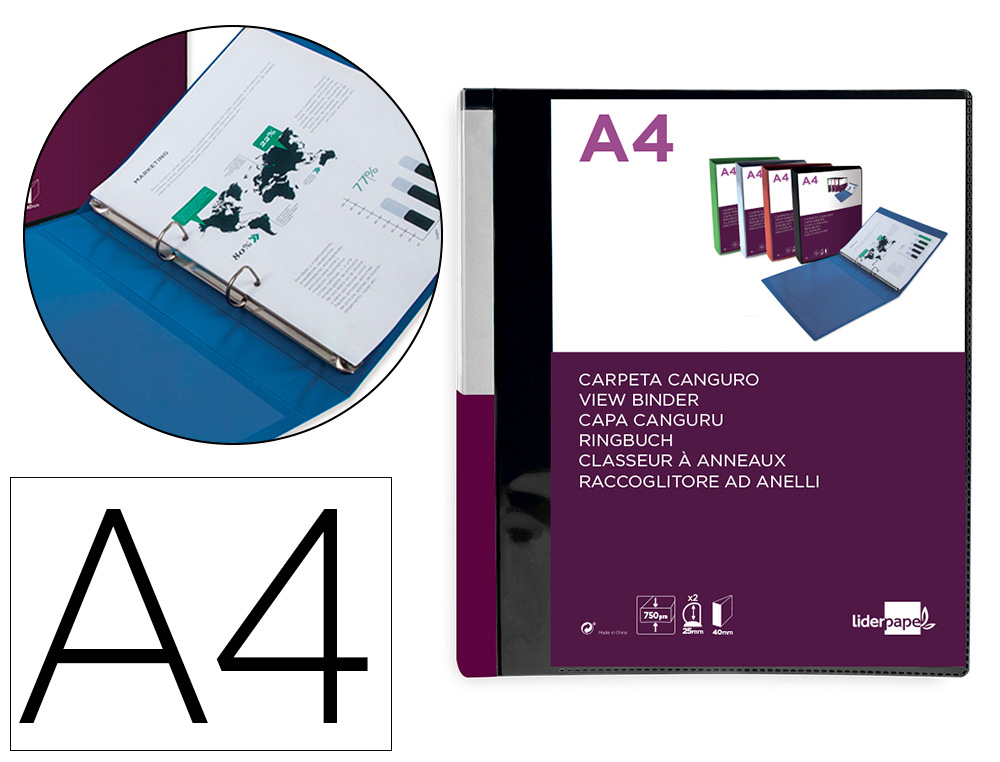 CLASSEUR KANGOUROU LIDERPAPEL 2 ANNEAUX EN D 25MM           POLYPROPYLENE 283X320MM       DOCUMENT A4 COLORIS NOIR