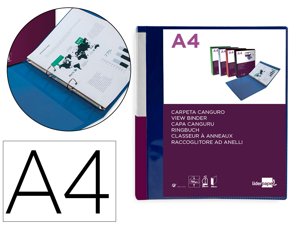 CLASSEUR KANGOUROU LIDERPAPEL 2 ANNEAUX EN D 25MM           POLYPROPYLENE 283X320MM       DOCUMENT A4 COLORIS BLEU