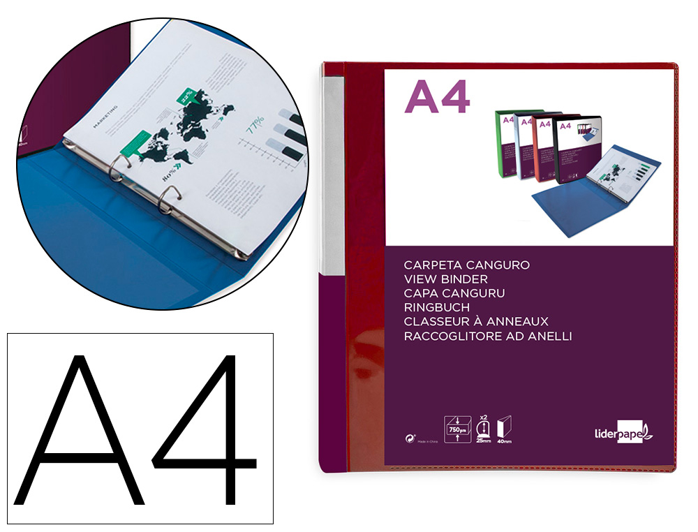 CLASSEUR KANGOUROU LIDERPAPEL 2 ANNEAUX EN D 25MM           POLYPROPYLENE 283X320MM       DOCUMENT A4 COLORIS ROUGE