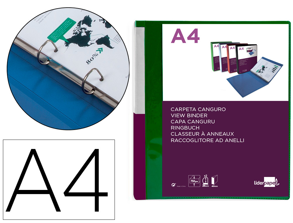CLASSEUR KANGOUROU LIDERPAPEL 2 ANNEAUX EN D 25MM           POLYPROPYLENE 283X320MM       DOCUMENT A4 COLORIS VERT