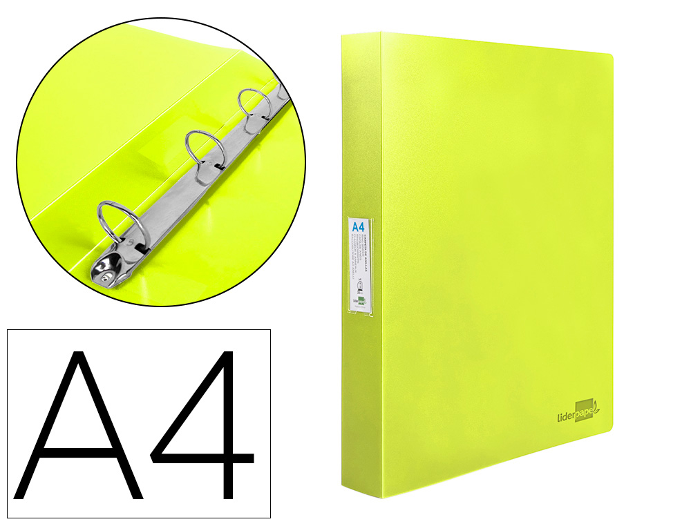 CLASSEUR LIDERPAPEL 4 ANNEAUX 40MM A4 POLYPROPYLENE DOS     55MM PORTE-CARTES DE VISITE   COLORIS JAUNE FLUO