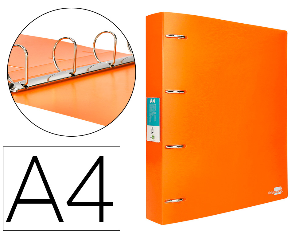 CLASSEUR LIDERPAPEL 4 ANNEAUX 40MM A4 POLYPROPYLENE DOS     55MM PORTE-CARTES DE VISITE   COLORIS ORANGE FLUO