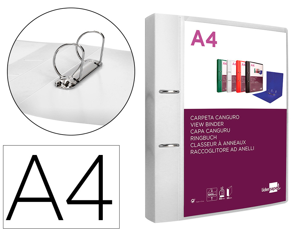 CLASSEUR KANGOUROU LIDERPAPEL 2 ANNEAUX EN D 40MM           POLYPROPYLENE 283X320MM       DOCUMENT A4 COLORIS