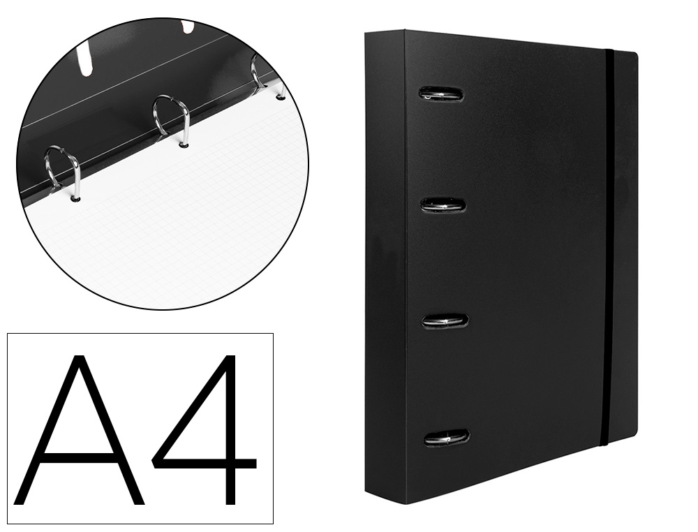 CLASSEUR LIDERPAPEL 4 ANNEAUX EN D 25MM A4 POLYPROPYLENE    FEUILLETS MOBILES 100F 5X5MM  COLORIS NOIR OPAQUE