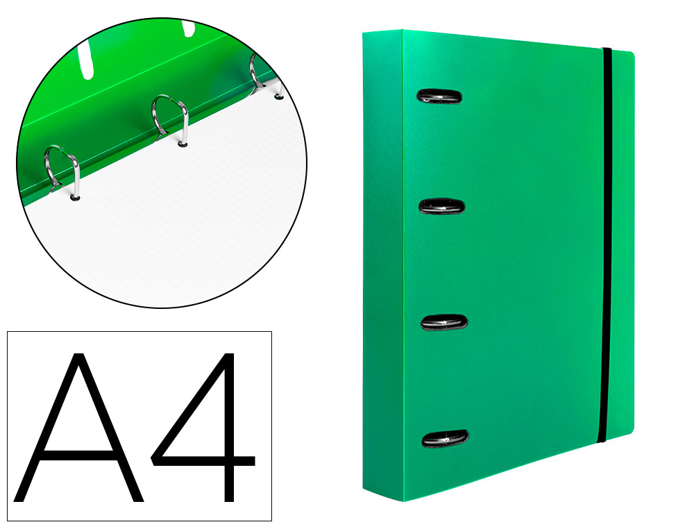 CLASSEUR LIDERPAPEL 4 ANNEAUX EN D 25MM A4 POLYPROPYLENE    FEUILLETS MOBILES 100F 5X5MM  COLORIS VERT TRANSLUCIDE