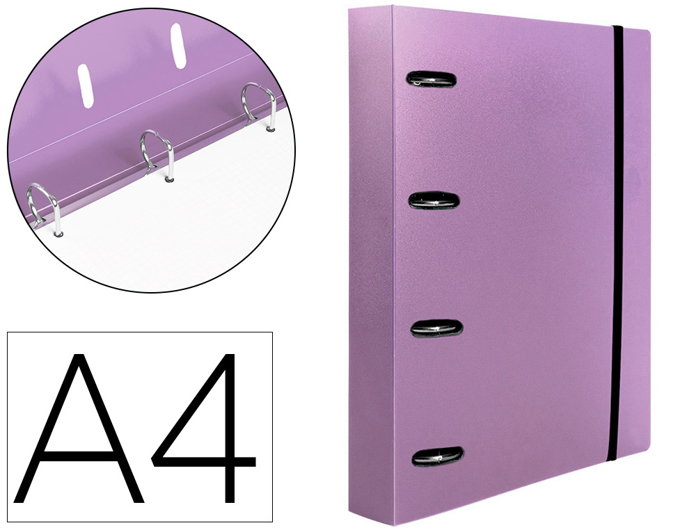 CLASSEUR LIDERPAPEL 4 ANNEAUX EN D 25MM A4 POLYPROPYLENE    FEUILLETS MOBILES 100F 5X5MM  COLORIS LAVANDE