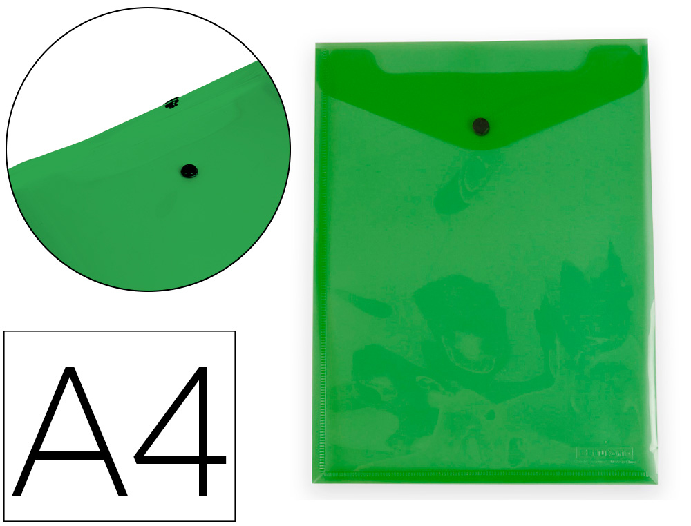 POCHETTE ENVELOPPE LIDERPAPEL POLYPROPYLENE 180 MICRONS A4  297X210MM AVEC SOUFFLET       FERMETURE BOUTON VERT