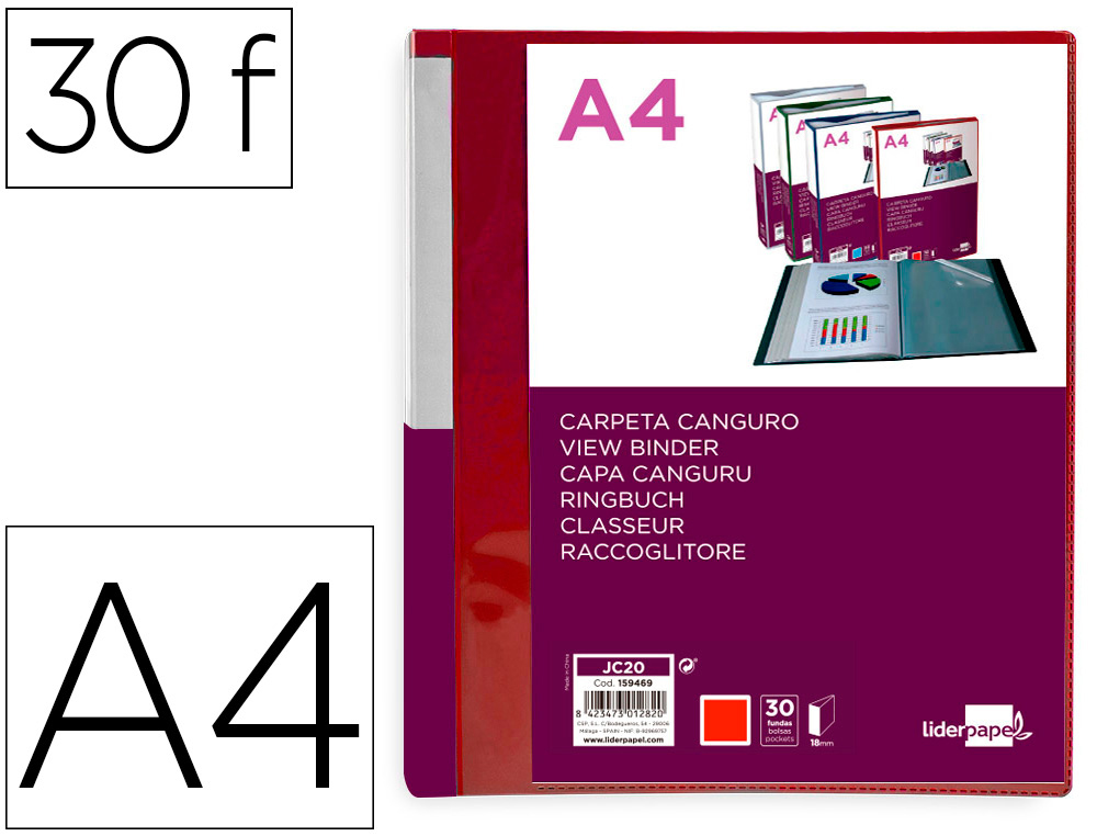 PROTEGE-DOCUMENTS LIDERPAPEL PERSONNALISABLE KANGOUROU     POLYPROPYLENE 30 POCHETTES    FIXES A4 COLORIS ROUGE