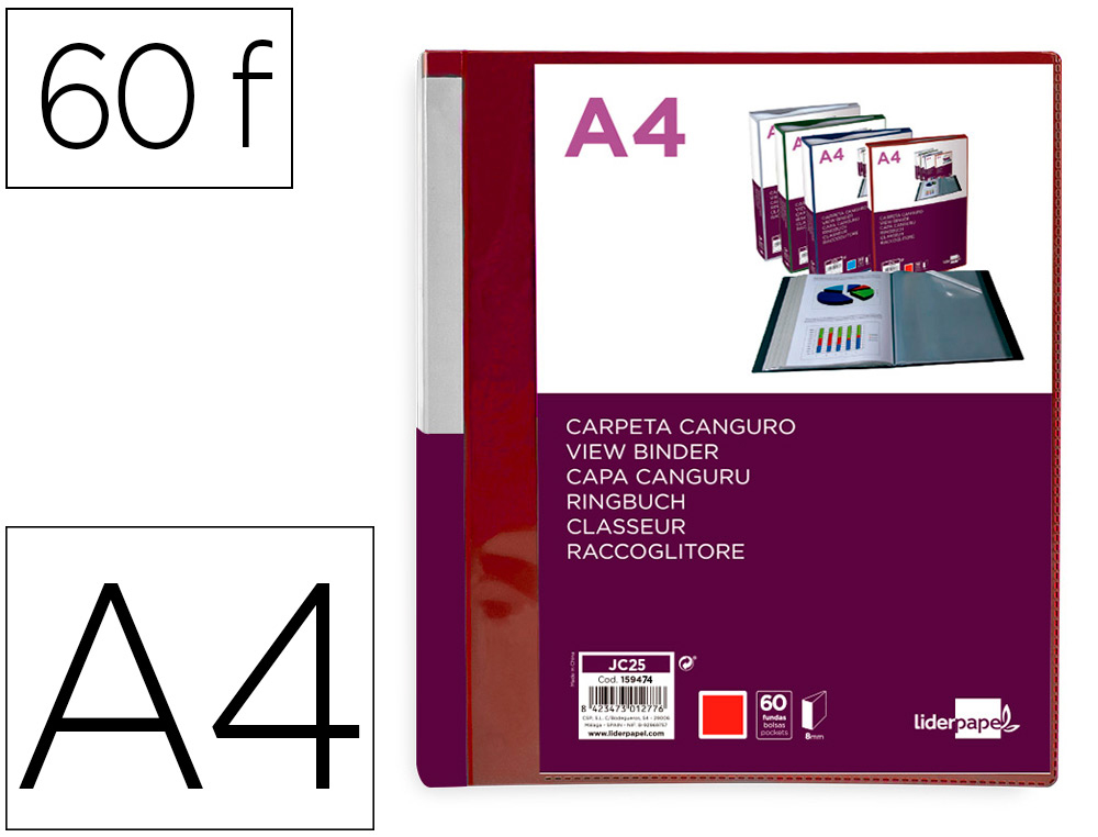 PROTEGE-DOCUMENTS LIDERPAPEL PERSONNALISABLE KANGOUROU     POLYPROPYLENE 60 POCHETTES    FIXES A4 COLORIS ROUGE