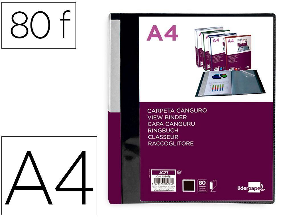 PROTEGE-DOCUMENTS LIDERPAPEL PERSONNALISABLE KANGOUROU     POLYPROPYLENE 80 POCHETTES    FIXES A4 COLORIS NOIR OPAQUE