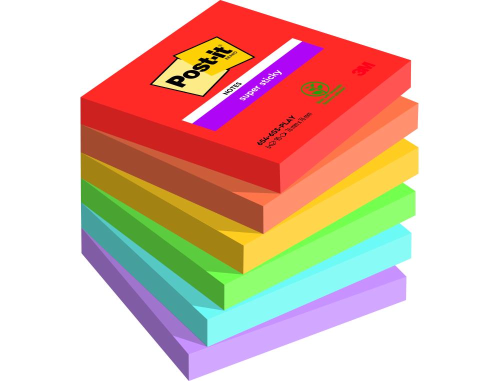 BLOC NOTES POST-IT SUPER STICKY COLLECTION PLAYFUL 76  X 76MM 6 BLOCS  90 FEUILLES