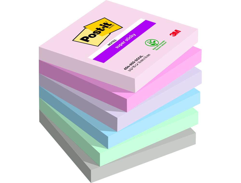 BLOC NOTES POST-IT SUPER STICKY COLLECTION SOULFUL 76  X 76MM, 6 BLOCS 90 FEUILLES
