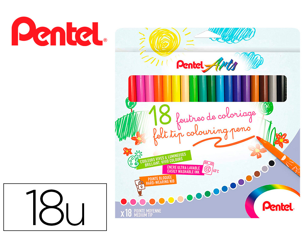 BOITE DE 18 FEUTRES DE COLORIAGE PENTAL ENCRE ULTRA  LAVABLE POINTE MOYENNE 3,9MM