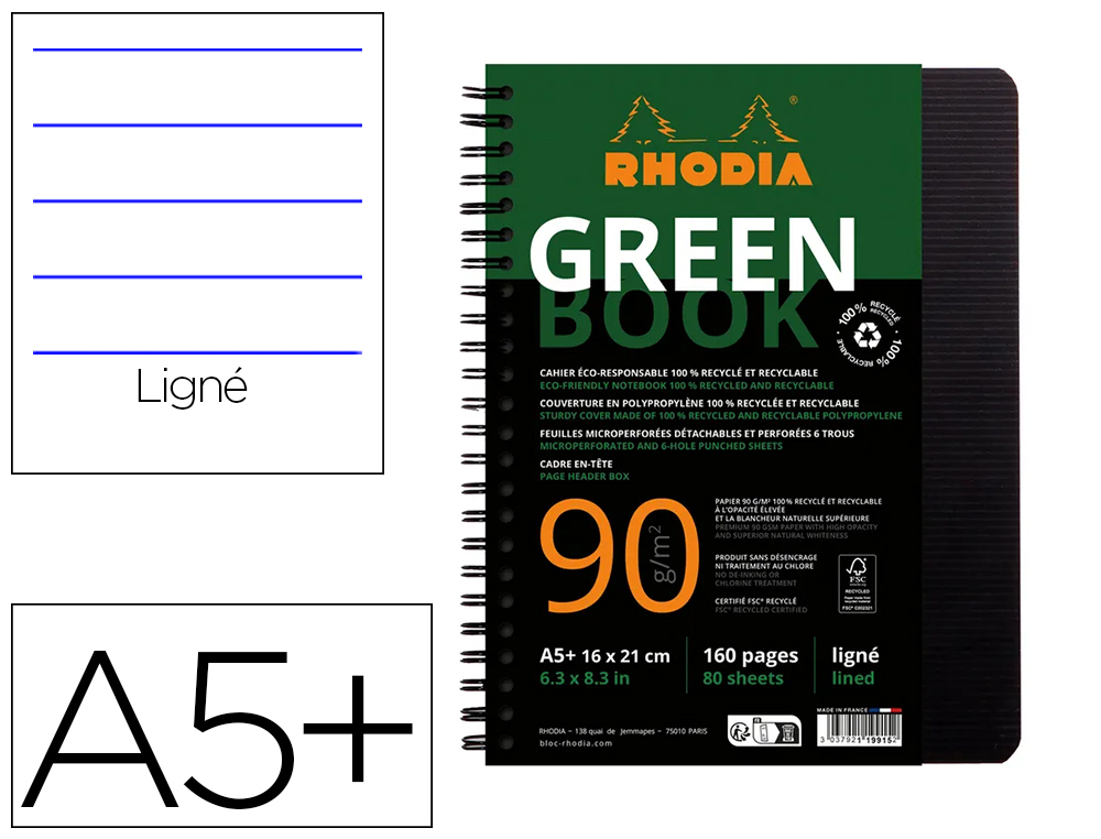 CAHIER RHODIACTIVE GREENBOOK RI LIGNE COUVERTURE PP A5+ 17X21CM 90G 160 PAGES MICROPERFOREES PERF. 6 TROUS COLORIS NOIR
