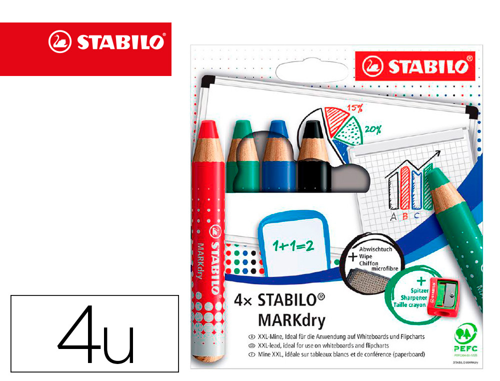 MARQUEUR SABILO BOSS MARKDRY POUR ECRIRE SUR DE TABLEAU    BLANC 4 MARQUEURS 1 TAILLE    CRAYON 1 CHIFFONETTE