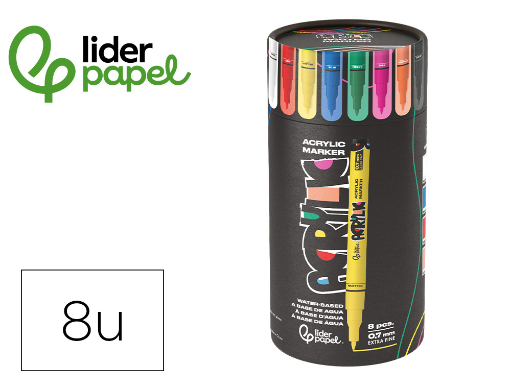 MARQUEUR LIDERPAPEL ACRYLIQUE BASE EAU TOUT TYPE DE SURFACE POINTE FINE 0,7MM COLORIS     ASSORTIS BOITE 8 UNITES