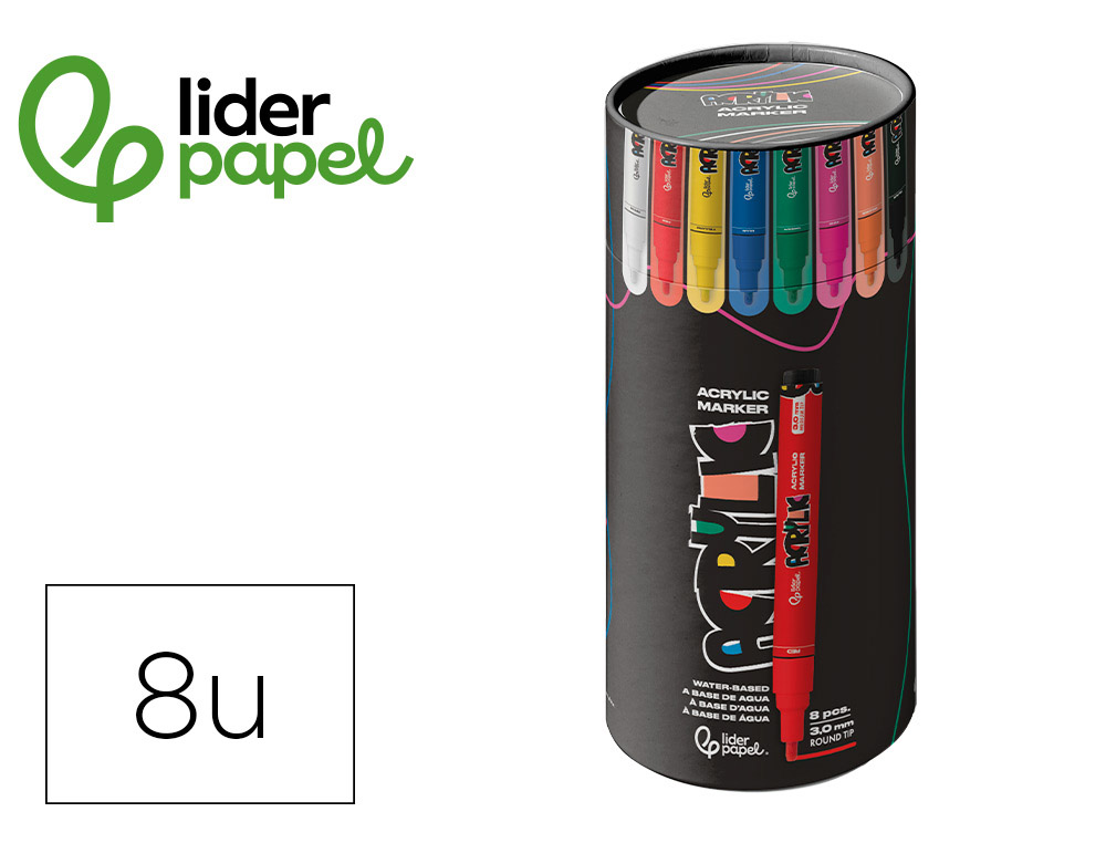 MARQUEUR LIDERPAPEL ACRYLIQUE BASE EAU TOUS SUPPORT POINTE  RONDE 3MM COLORIS ASSORTIS    BOITE 8 UNITES