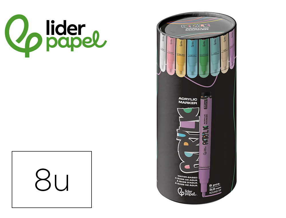 MARQUEUR LIDERPAPEL ACRYLIQUE BASE EAU TOUS SUPPORT POINTE  RONDE 3MM COLORIS PASTELS     ASSORTIS BOITE 8 UNITES