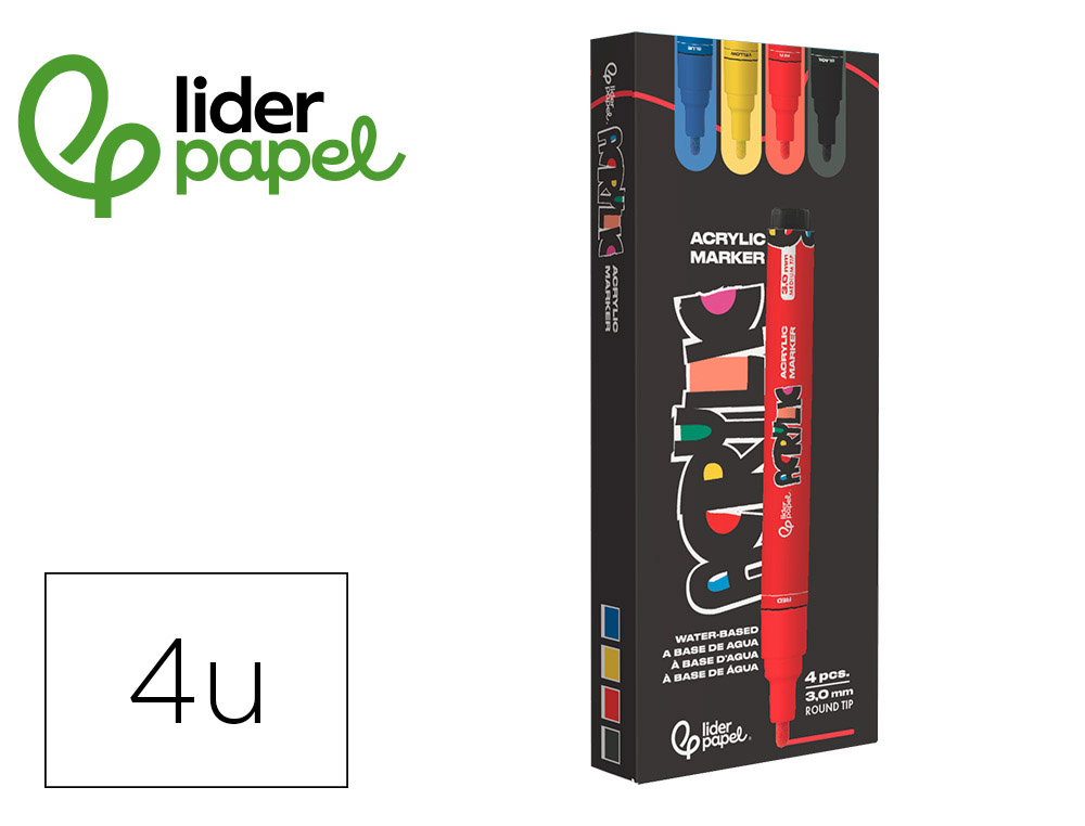 MARQUEUR LIDERPAPEL ACRYLIQUE BASE EAU TOUS SUPPORT POINTE  RONDE 3MM COLORIS ASSORTIS    BOITE 4 UNITES