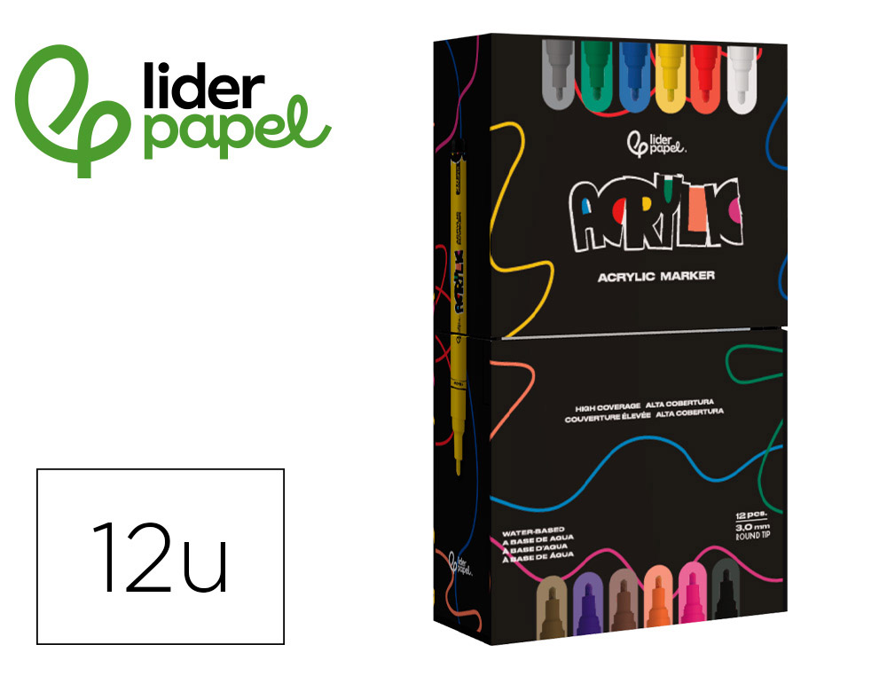 MARQUEUR LIDERPAPEL ACRYLIQUE BASE EAU TOUS SUPPORT POINTE  RONDE 3MM COLORIS ASSORTIS    BOITE 12 UNITES