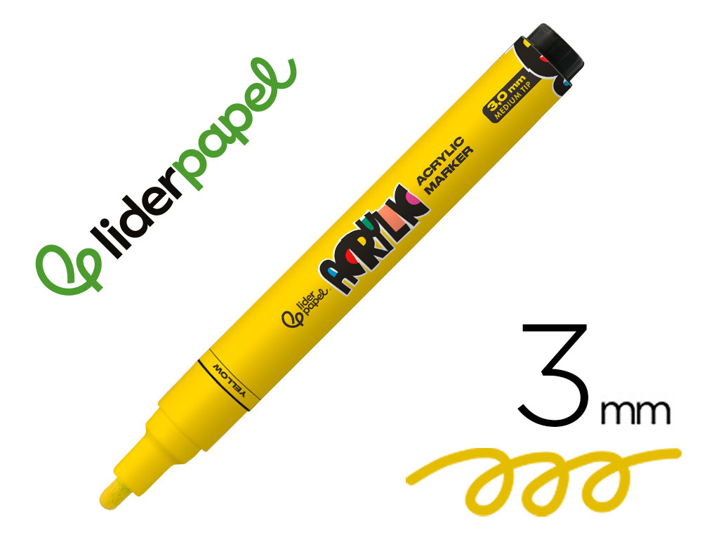 MARQUEUR LIDERPAPEL ACRYLIQUE BASE EAU TOUS SUPPORT POINTE  RONDE 3MM COLORIS JAUNE