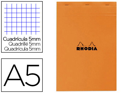 BLOC BUREAU RHODIA A5 PAPIER VLIN SURFIN COUVERTURE ENDUITE ENVELOPPANTE 148X210MM 80F DTACHABLES 80G 5X5MM ORANGE